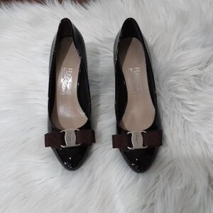 Salvatore Ferragamo Brown Patent Leather Bow Flats